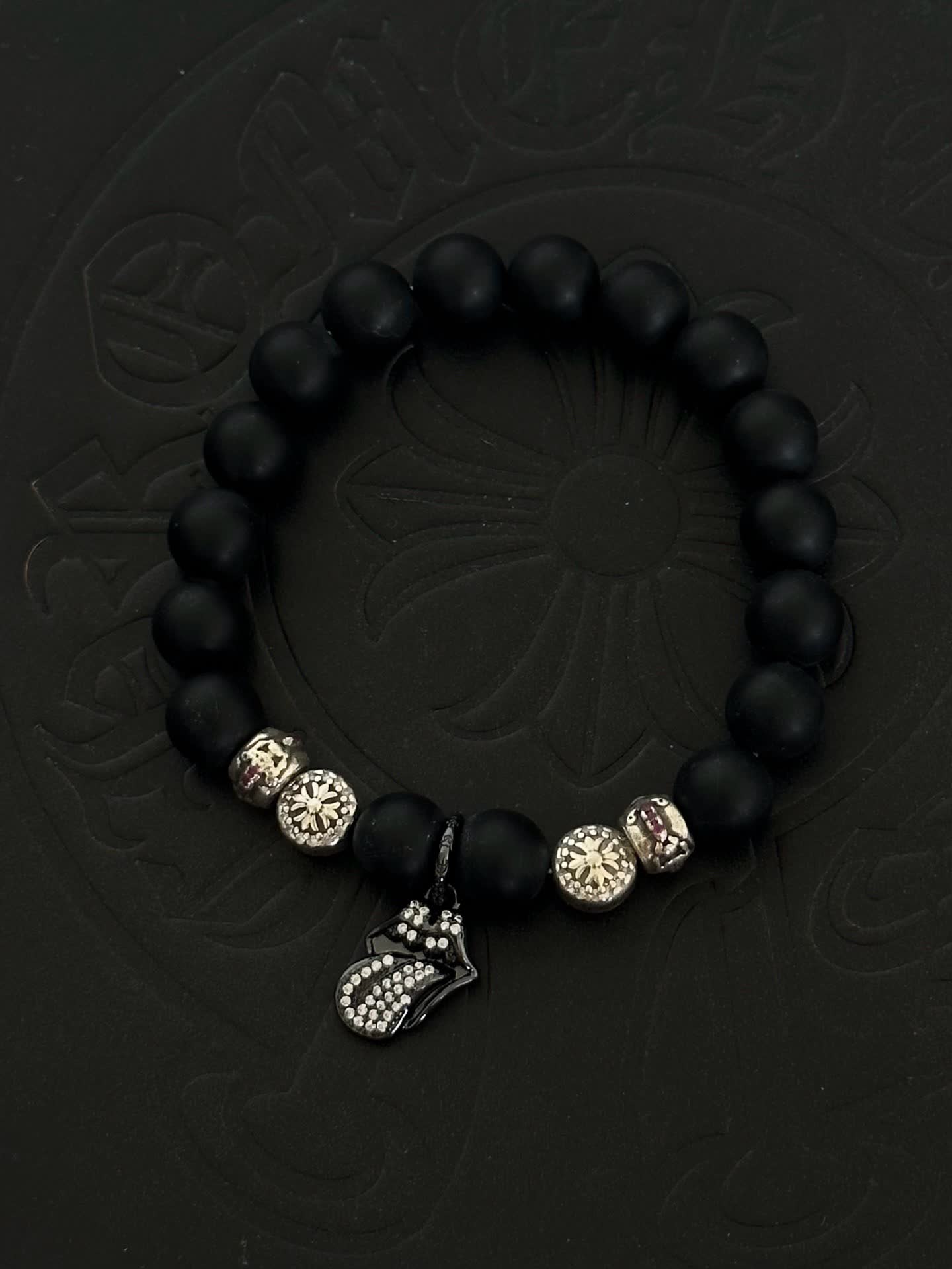 Chrome Hearts Black Beaded Bracelet with Silver Charms Chrome Hearts Black Beaded Bracelet with Silver Charms